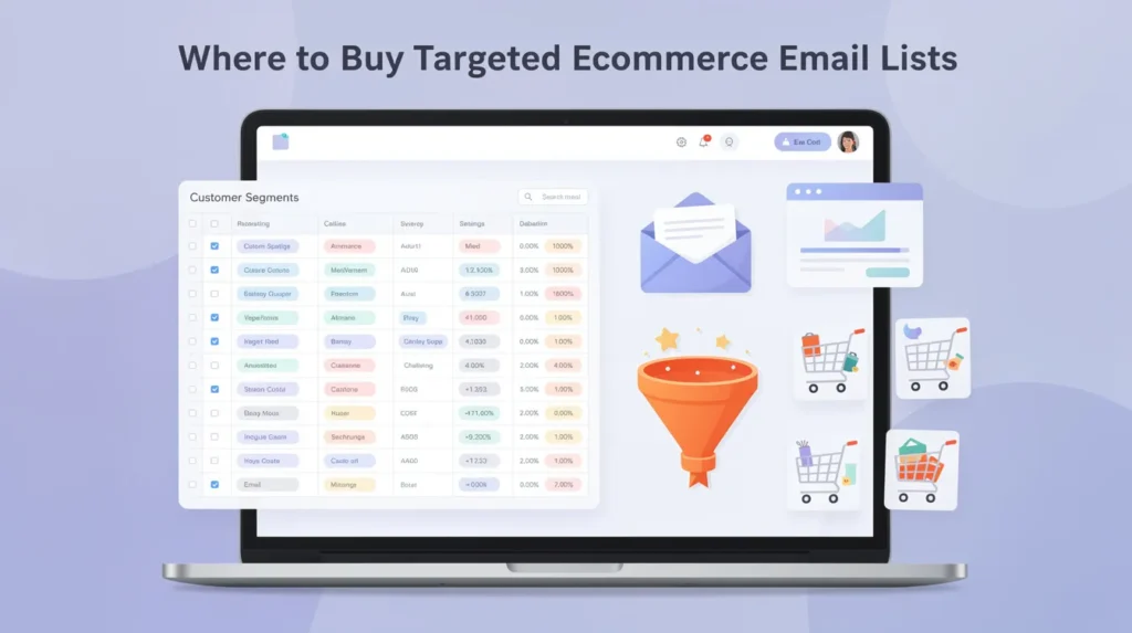 Ecommerce online store dashboard with customer segments highlighted in spreadsheet, email marketing graphics and shopping cart icons, modern digital marketing illustration style, soft gradient purple and blue palette, clean UI elements, headline text: Where to Buy Targeted Ecommerce Email Lists